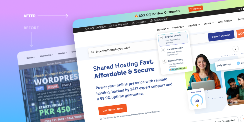"Optimized hosting website hero section with improved UX—promo bar, countdown timer, domain search autocomplete, clear call-to-action, and brand-aligned visuals."