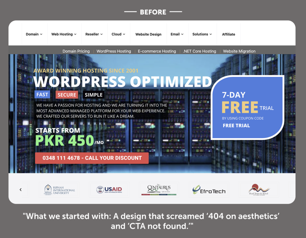 "Before redesign: hosting website hero section with cluttered layout, missing call-to-action, and low content visibility."